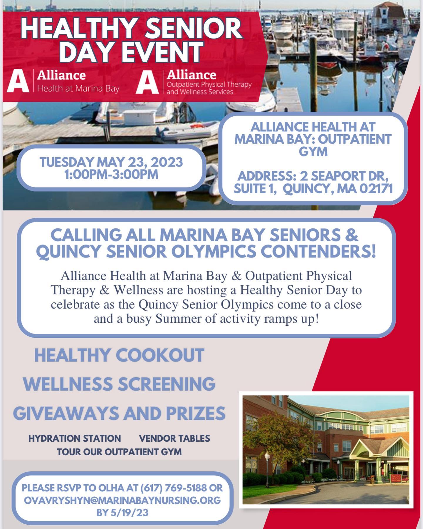MBBA member @alliancemarinabay_oppt is hosting a healthy senior day event! Healthy cookout, wellness screenings, giveaways and prizes!If you are interested in attending or becoming a vendor, call 617.769.5188 or email ovavryshyn@marinabaynursing.org