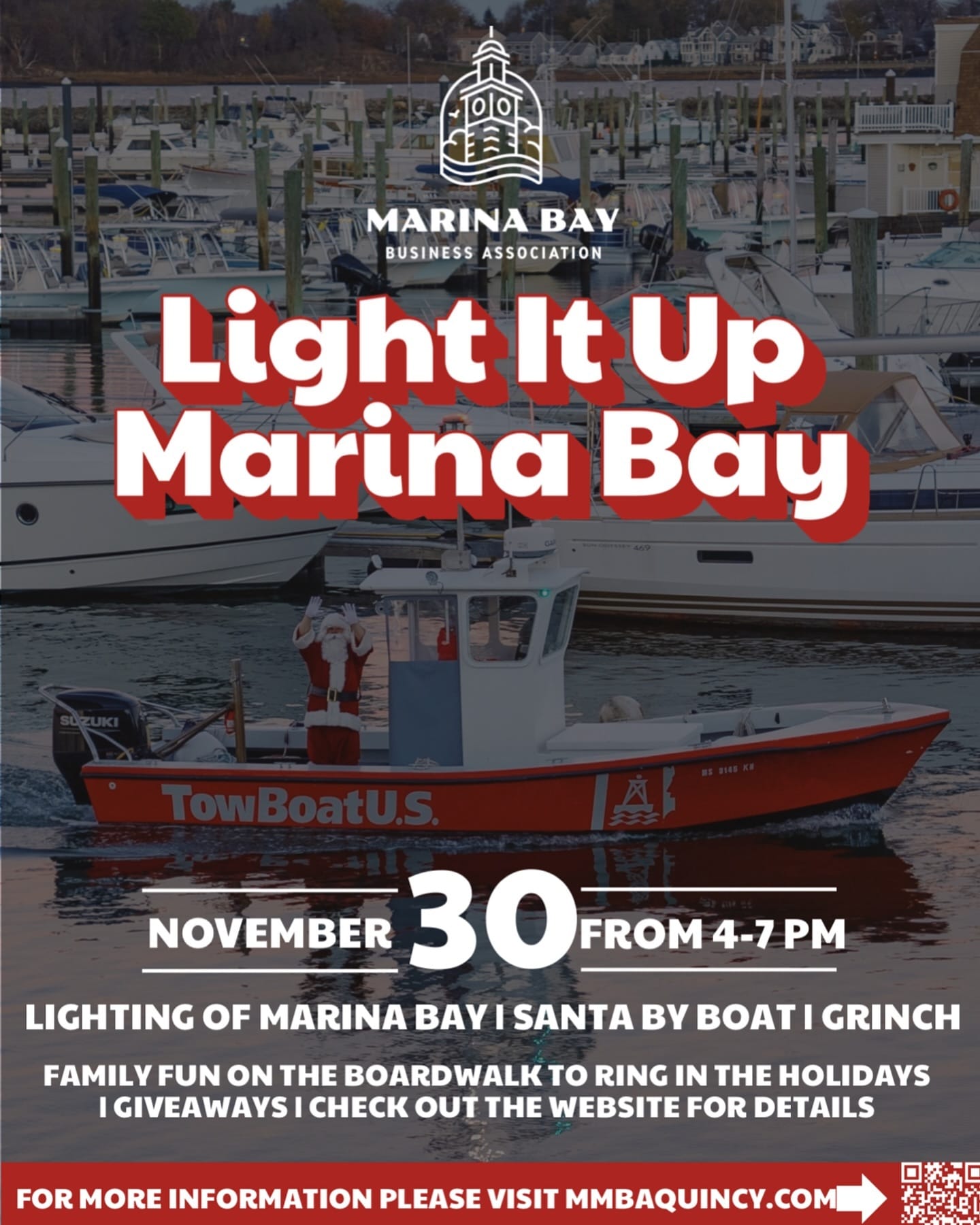 We had pulled the plug on this event earlier this year  but we are beyond thrilled and grateful to share that @cityofquincy and @mayortomkoch along with the @thequincychamber stepped up and in to ensure we could once again LIGHT IT UP for the holidays in Marina Bay! Who does the holidays better than Quincy? Nobody!We will be turning on the lights Saturday November 30th. Join us for a festive celebration featuring Santa By Boat, the Grinch, business giveaways and deals, face painting, music, festive cocktails, and a lighting ceremony with the Mayor!Visit www.mbbaquincy.com for details and to see all of the events and happenings on the boardwalk this holiday season!